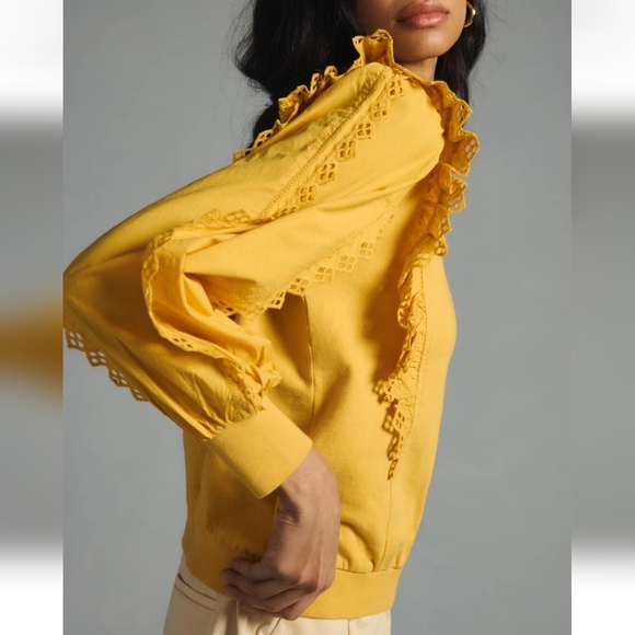 Anthropologie, New, Marigold Yellow Eyelet Ruffle Sleeve Sweatshirt Top SZ XL - Picture 13 of 14